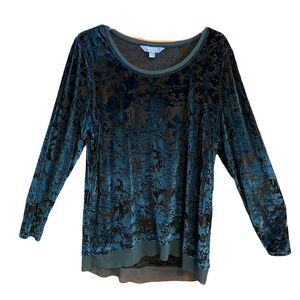 Simply Vera Wang Women’s Sz XL Teal Blue Black Burnout Velvet Long Sleeve Top